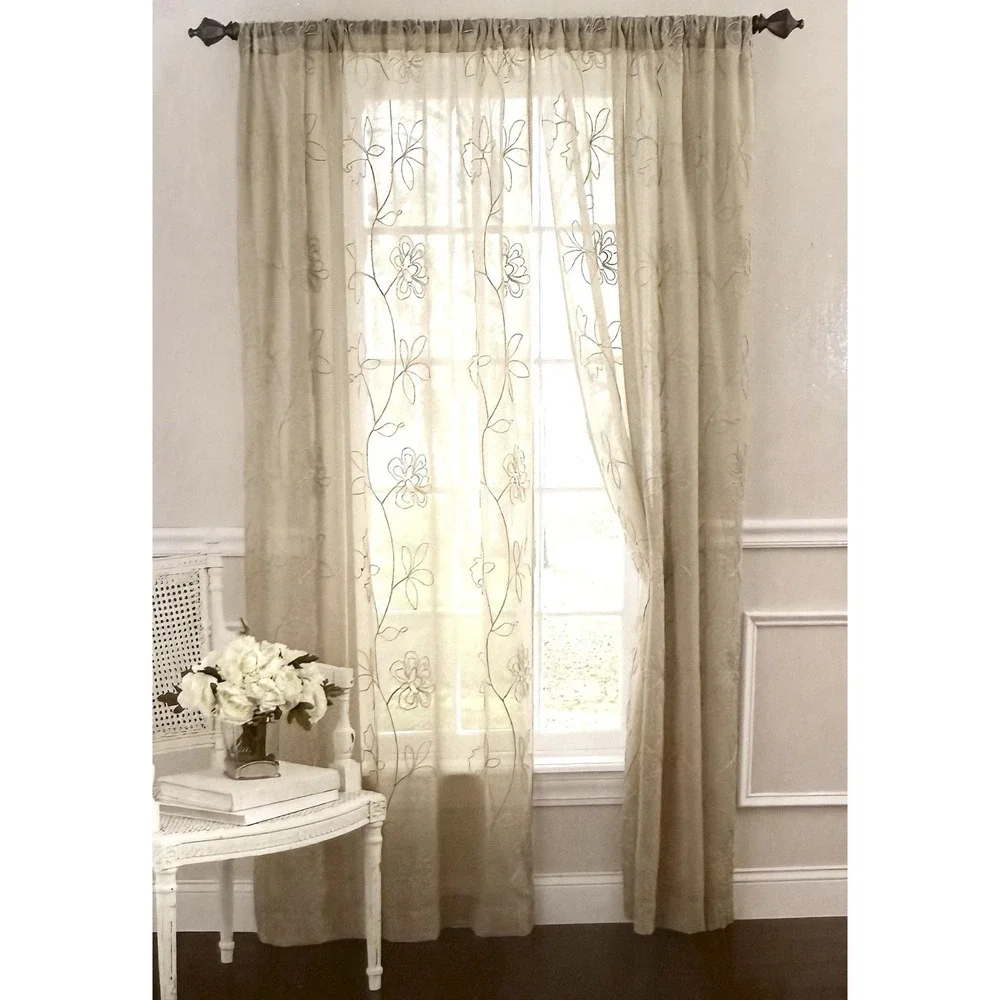 Laura Ashley Sheer Embroidered Floral Vines FROSTING Curtain 2 Panel TAUPE 52x84